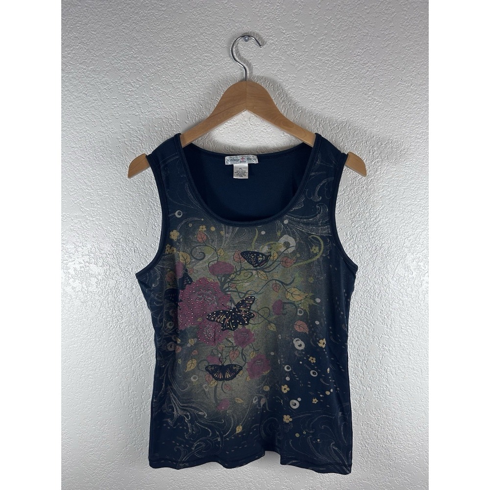 Vintage Susie Women's Butterfly Floral Tank Top Navy Blue Sleeveless